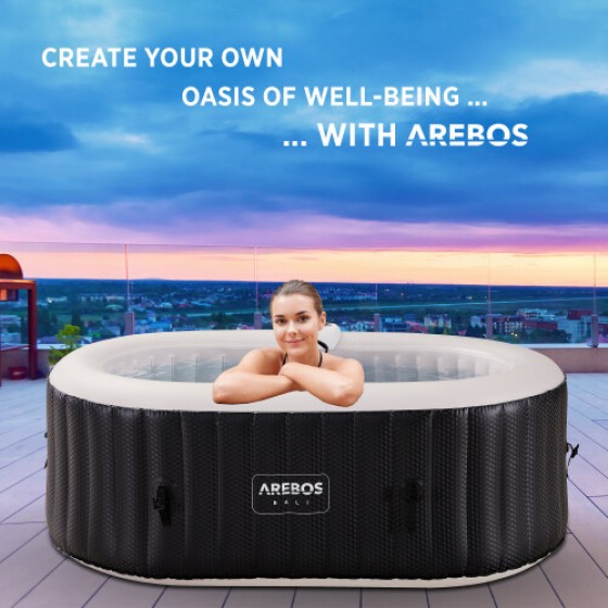 AREBOS Inflatable Hot Tub | Indoor/Outdoor Massage Pool with LED Lights | 190x120 cm | 2-Person | 90 Massage Jets | Heating | Includes Cover | Bubble Therapy Massage